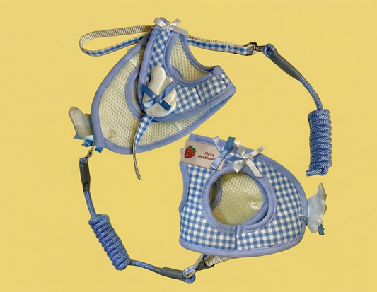 Coleira Arnês Azul Xadrez com Laços